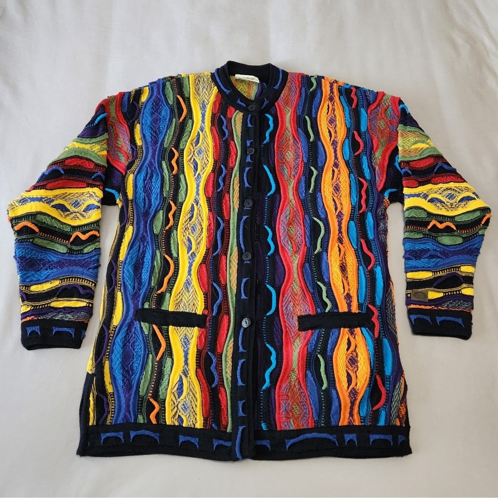 Aklanda Australia‎ Merino Wool 3D Knit Cardigan Sweater Mens Large Multi Color